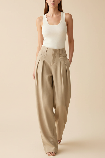 Pantalon Baggy Beige Ample Plissé Taille Haute Fluide - Gabardine