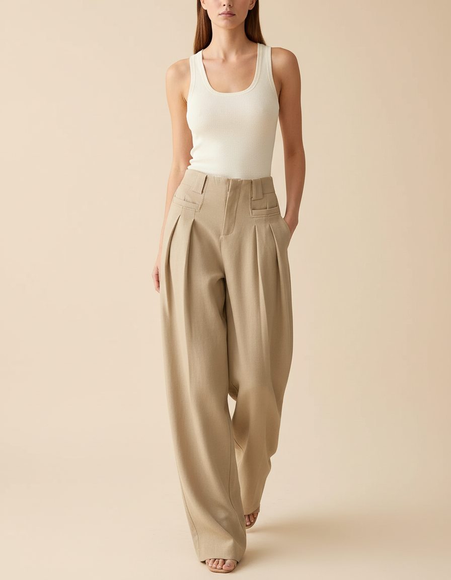 Pantalon Baggy Beige Ample Plissé Taille Haute Fluide - Gabardine