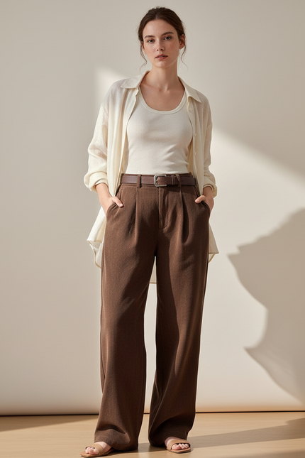 Pantalon Baggy Marron Ample Plissé Décontracté Ceinturé - Maille