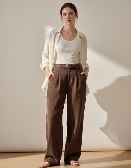 Pantalon Baggy Marron Ample Plissé Décontracté Ceinturé - Maille