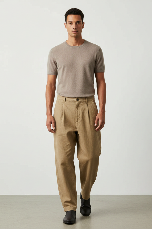 Pantalon Baggy Beige Coton Ample Plissé Homme