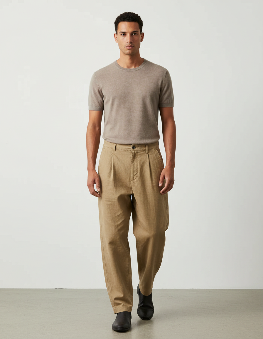 Pantalon Baggy Beige Coton Ample Plissé Homme