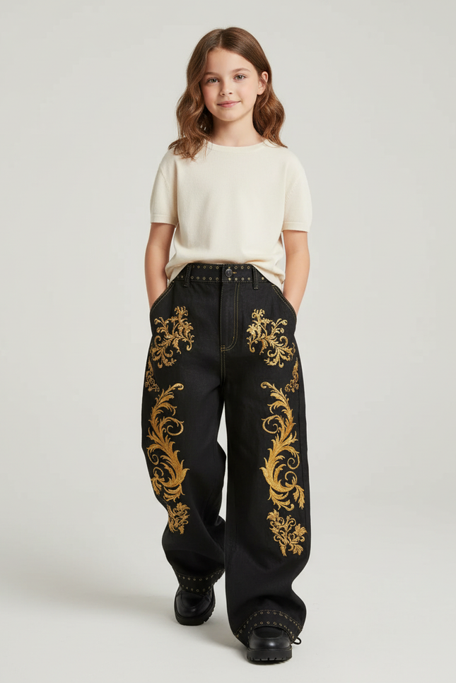 Pantalon Baggy Noir Brodé Or Ample Enfant - Jean