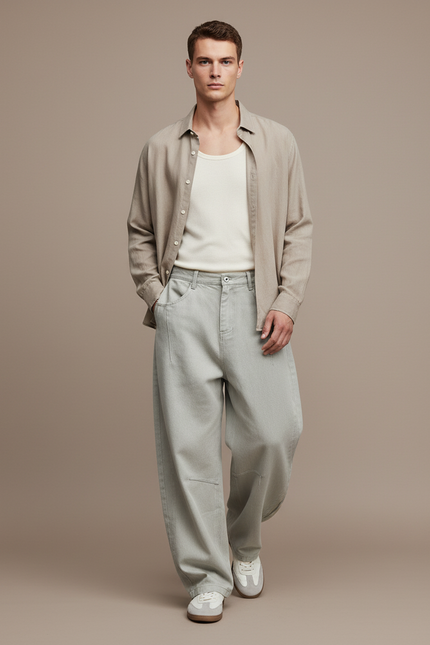 Pantalon Baggy Coton Gris Clair Ample Décontracté - Jean