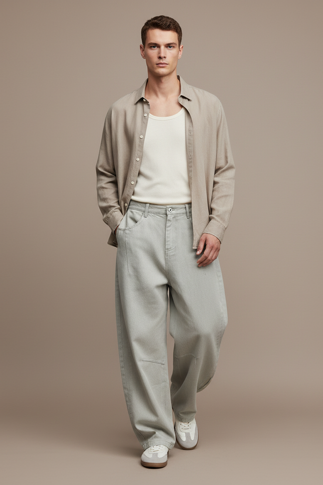 Pantalon Baggy Coton Gris Clair Ample Décontracté - Jean
