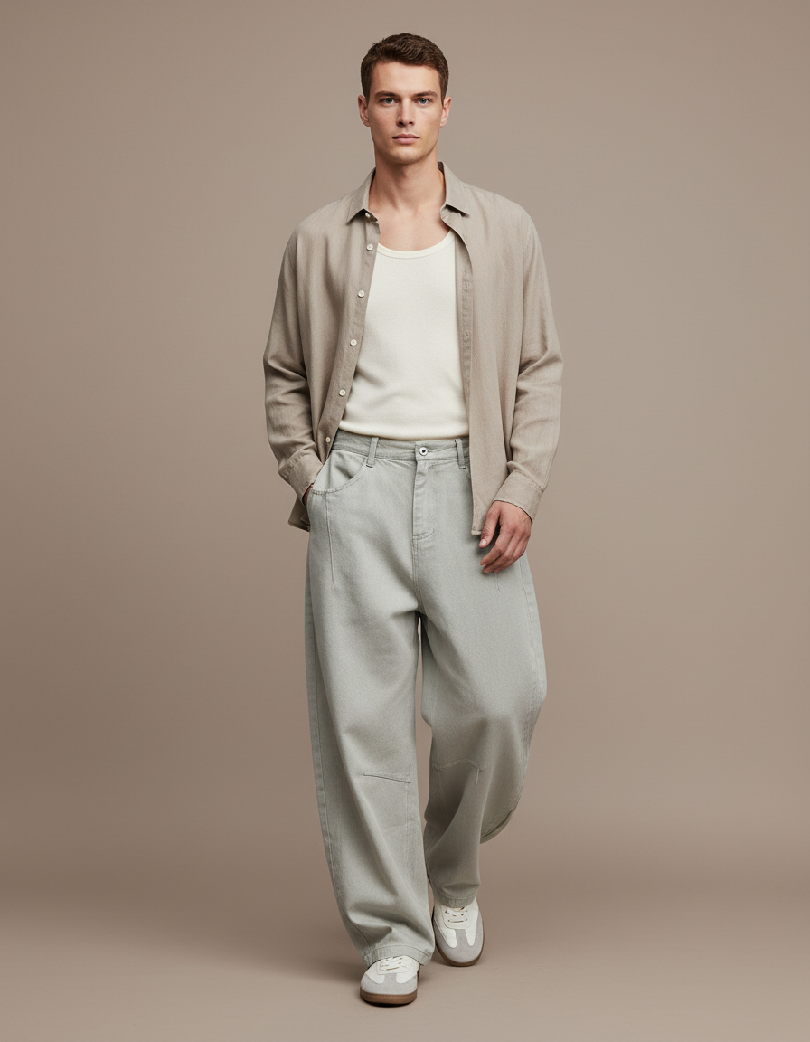 Pantalon Baggy Coton Gris Clair Ample Décontracté - Jean