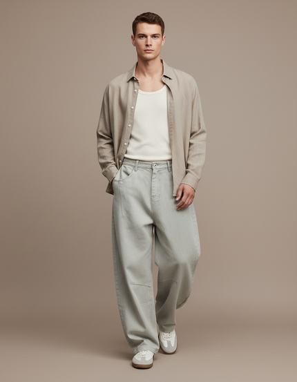 Pantalon Baggy Coton Gris Clair Ample Décontracté - Jean