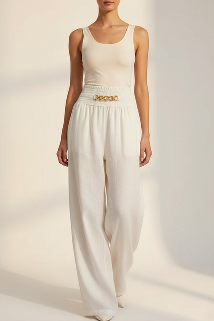 Pantalon Baggy Blanc Lin Fluide Taille Haute Chaîne