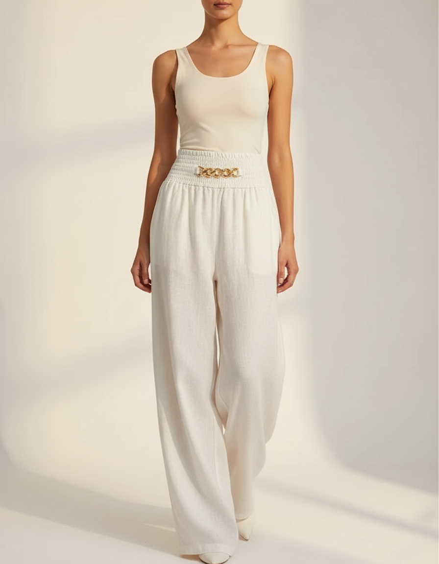 Pantalon Baggy Blanc Lin Fluide Taille Haute Chaîne