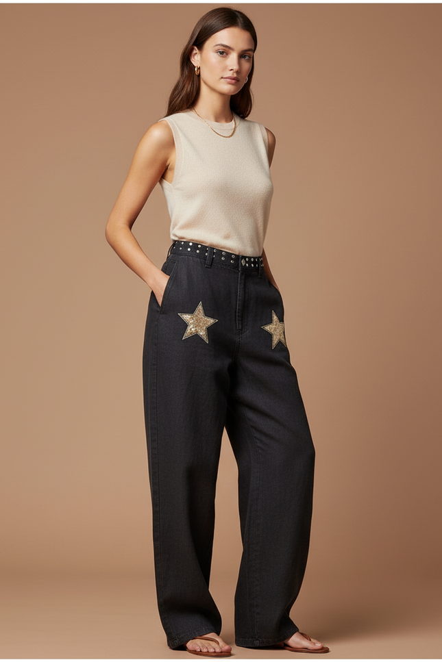 Pantalon Baggy Noir Étoiles Dorées Ample Denim Femme - Jean