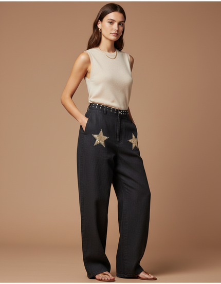 Pantalon Baggy Noir Étoiles Dorées Ample Denim Femme - Jean