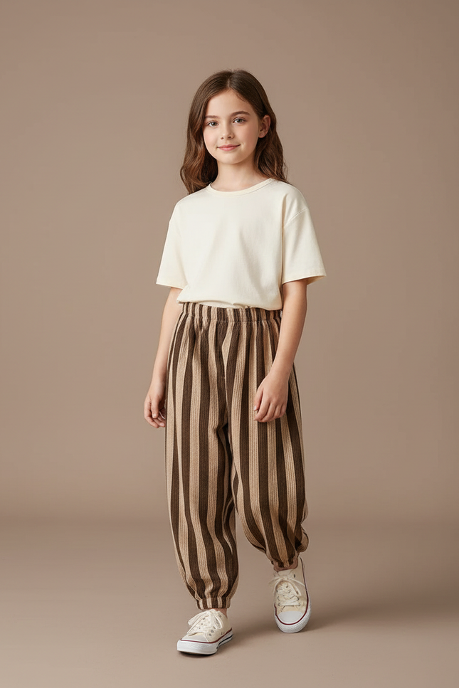 Pantalon Baggy Rayé Marron Ample Décontracté Enfant - Cordé