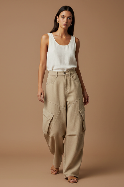 Pantalon Baggy Beige Cargo Ample Coton Oversize