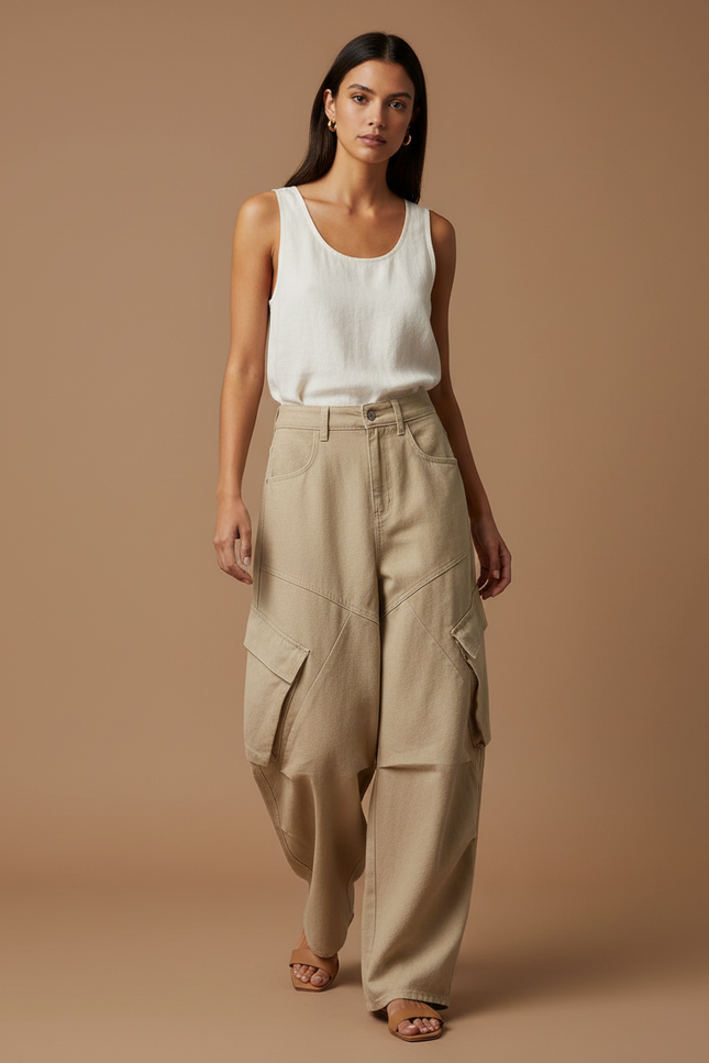 Pantalon Baggy Beige Cargo Ample Coton Oversize