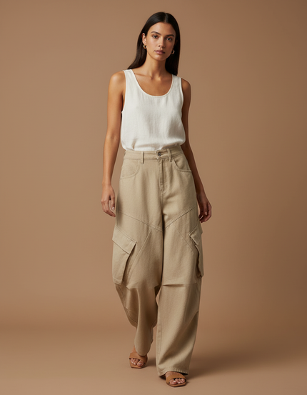 Pantalon Baggy Beige Cargo Ample Coton Oversize