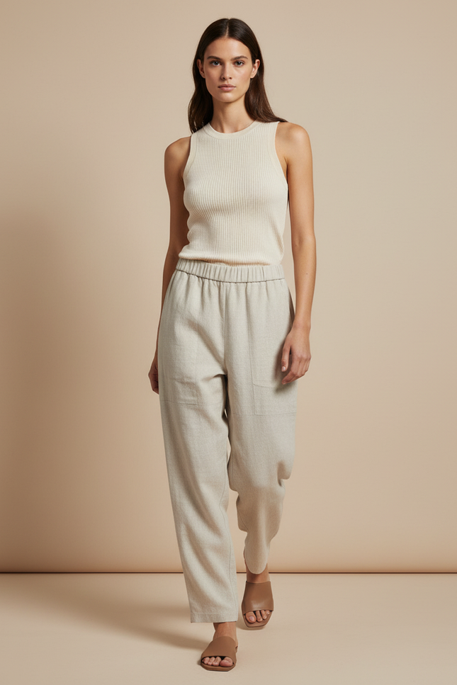Pantalon Baggy Femme Beige Taille Élastique - Lin