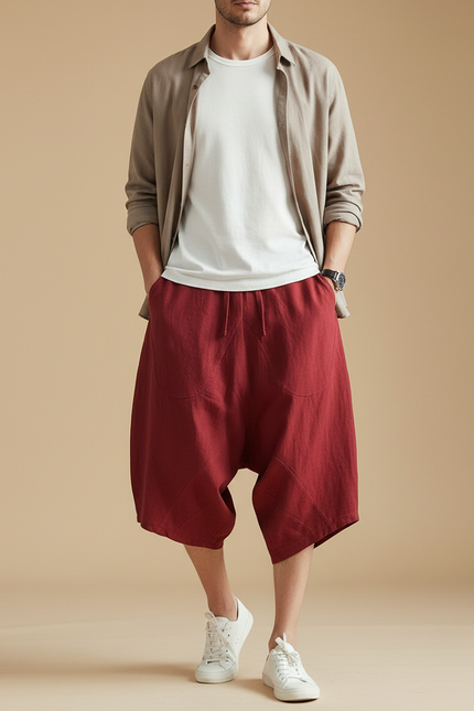 Pantalon Baggy Homme Taille Élastique Toile - Bordeaux Lin