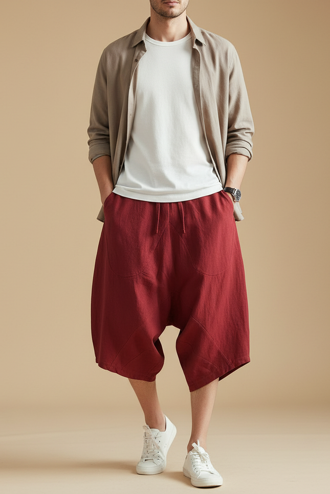 Pantalon Baggy Homme Taille Élastique Toile - Bordeaux Lin
