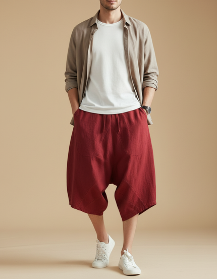 Pantalon Baggy Homme Taille Élastique Toile - Bordeaux Lin