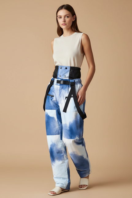 Pantalon Baggy Bleu Nuage Imprimé Ceinture Ample - Polyester