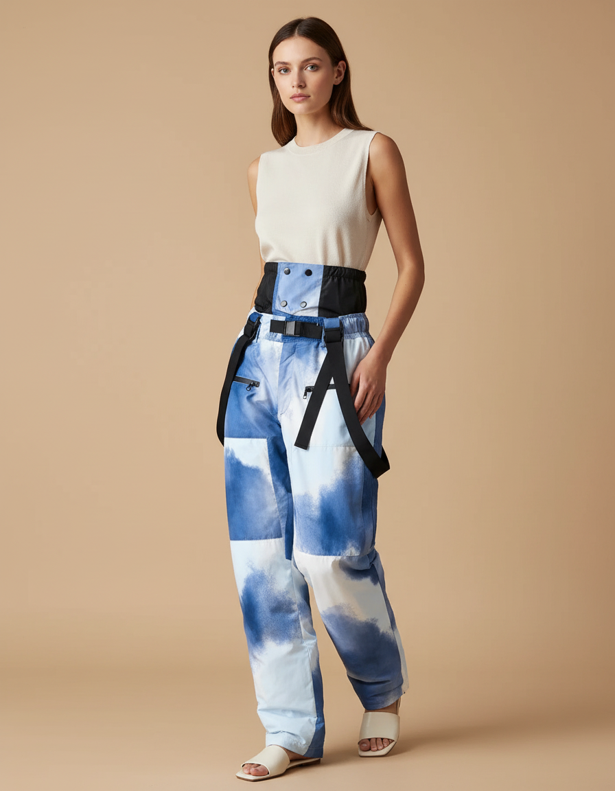 Pantalon Baggy Bleu Nuage Imprimé Ceinture Ample - Polyester