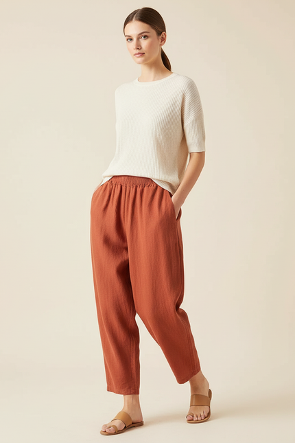 Pantalon Baggy Lin Coton Orange Ample Décontracté Femme
