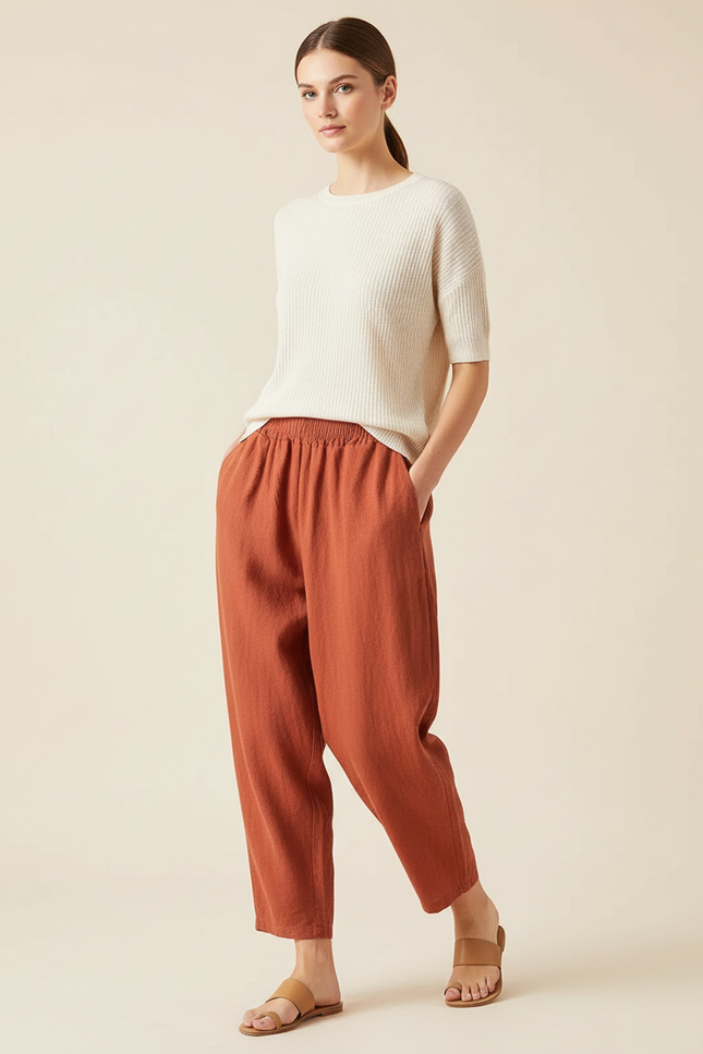 Pantalon Baggy Lin Coton Orange Ample Décontracté Femme
