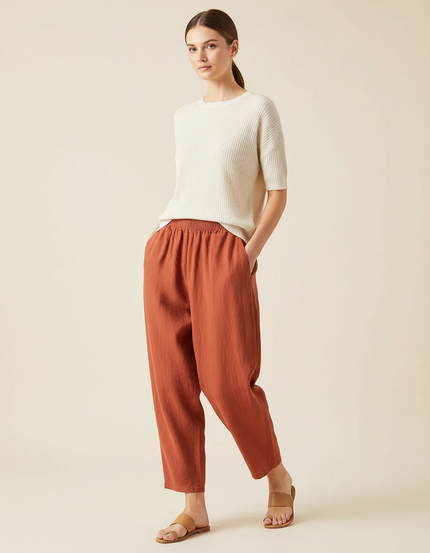 Pantalon Baggy Lin Coton Orange Ample Décontracté Femme