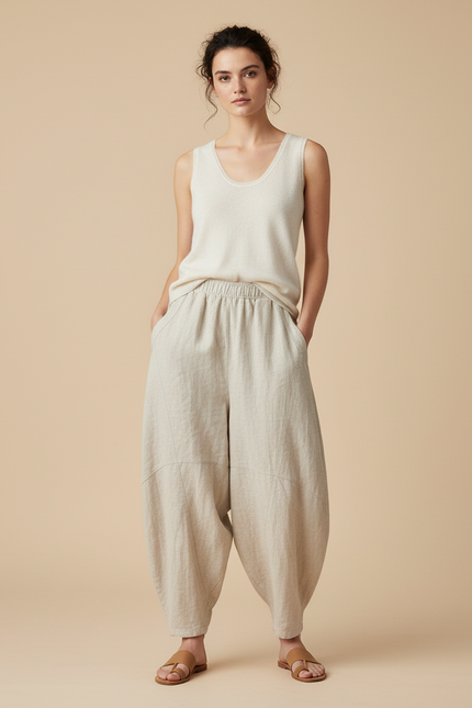 Pantalon Baggy Lin Beige Ample Fluide Décontracté Femme