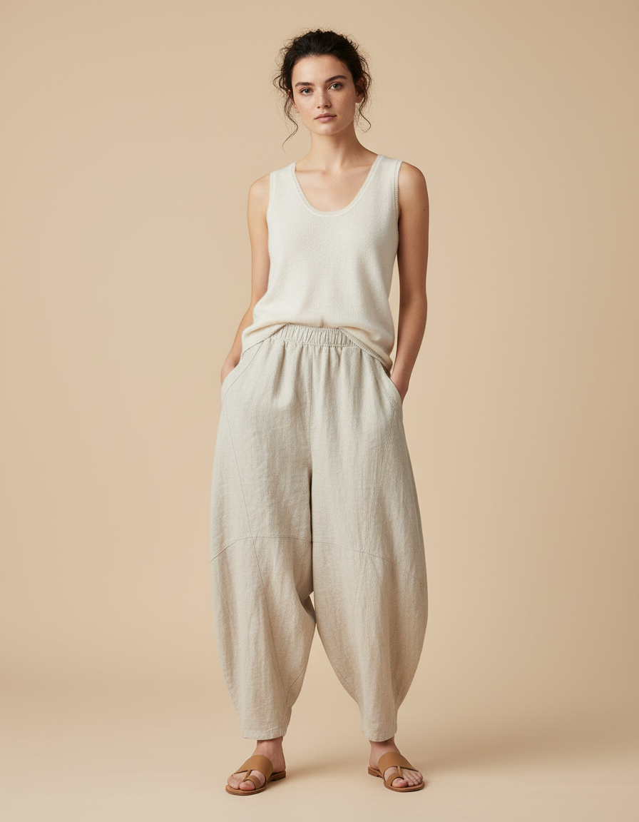 Pantalon Baggy Lin Beige Ample Fluide Décontracté Femme