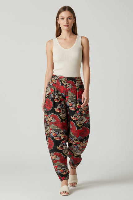Pantalon Baggy Fluide Imprimé Ethnique Rouge Noir Femme - Viscose
