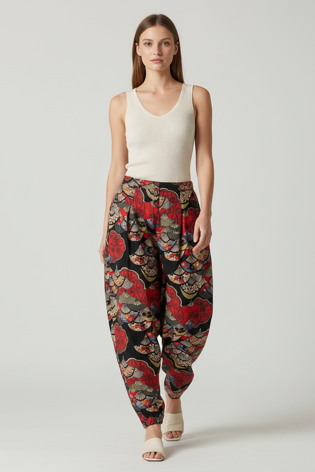 Pantalon Baggy Fluide Imprimé Ethnique Rouge Noir Femme - Viscose