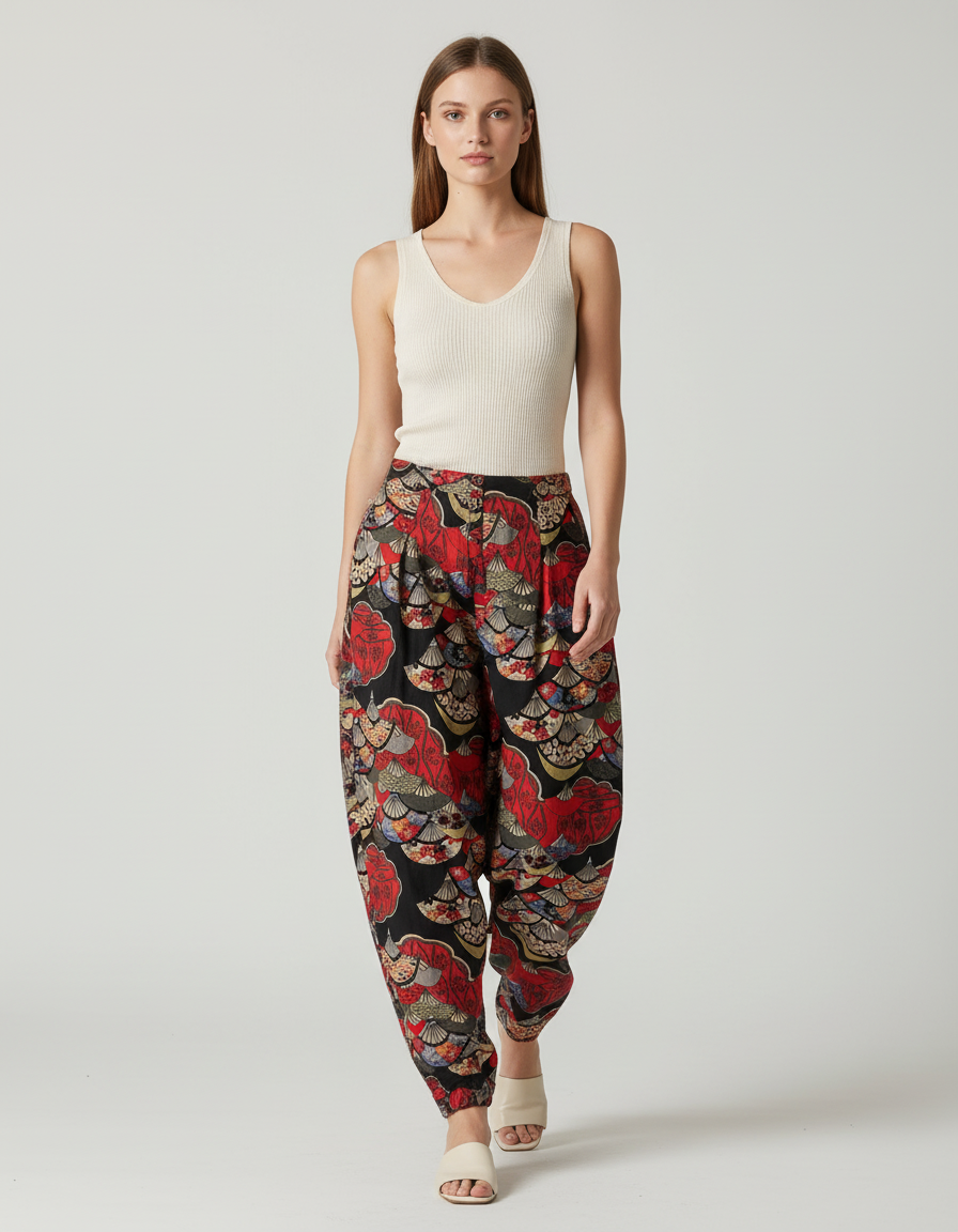 Pantalon Baggy Fluide Imprimé Ethnique Rouge Noir Femme - Viscose