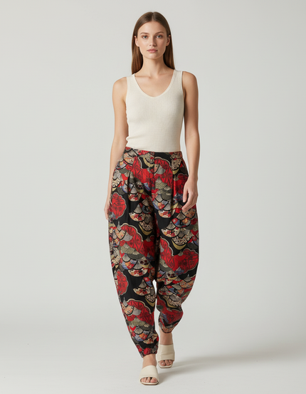 Pantalon Baggy Fluide Imprimé Ethnique Rouge Noir Femme - Viscose