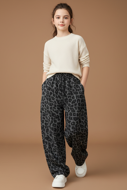 Pantalon Baggy Léopard Gris Ample Décontracté Enfant - Molleton