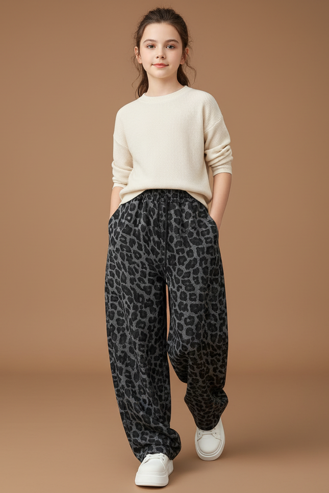 Pantalon Baggy Léopard Gris Ample Décontracté Enfant - Molleton