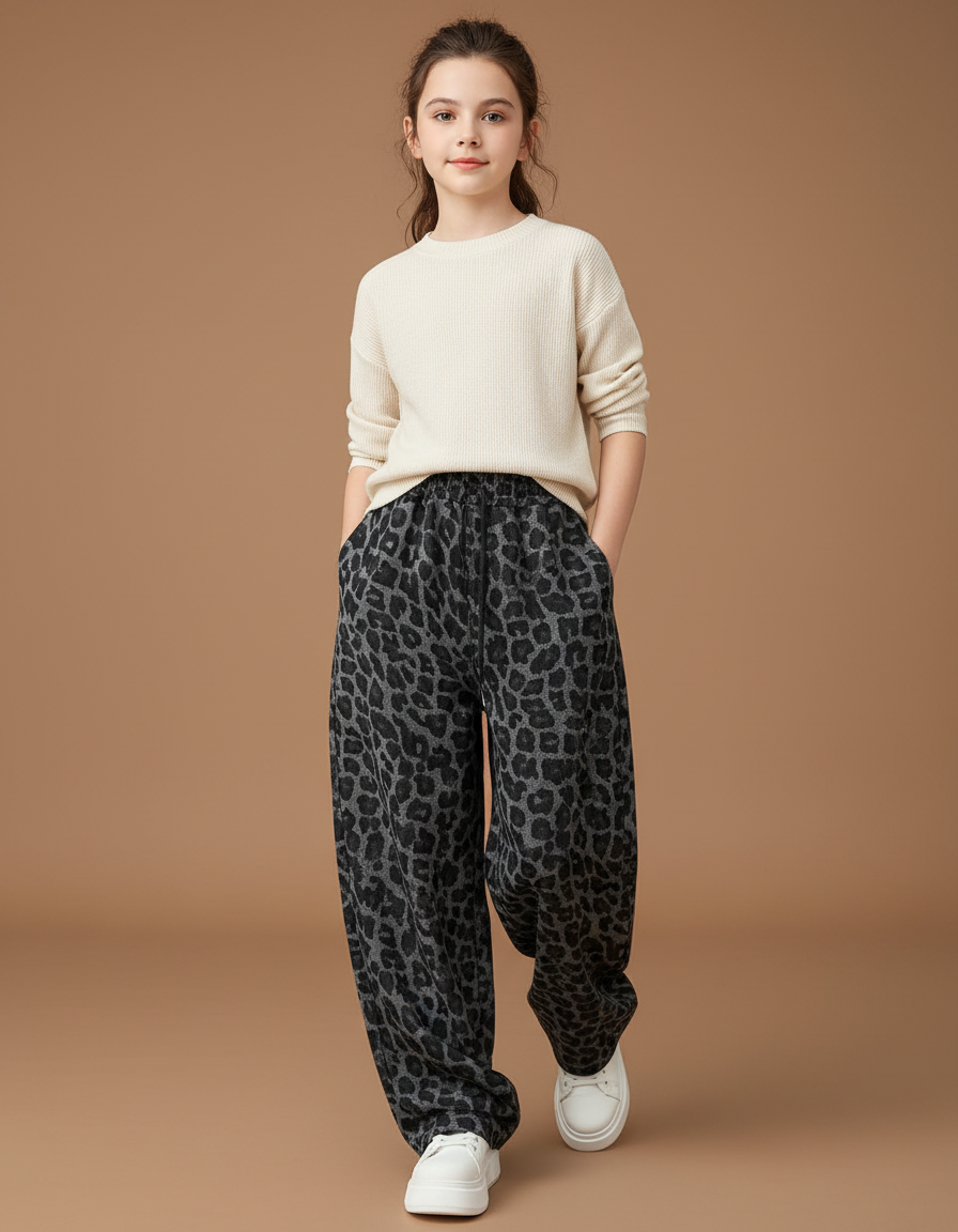 Pantalon Baggy Léopard Gris Ample Décontracté Enfant - Molleton