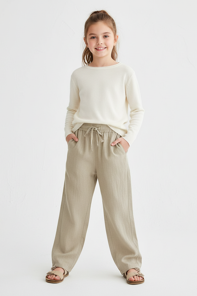 Pantalon Baggy Lin Beige Ample Cordon Décontracté Enfant