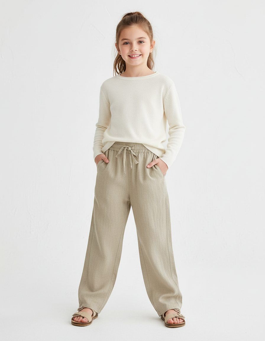 Pantalon Baggy Lin Beige Ample Cordon Décontracté Enfant