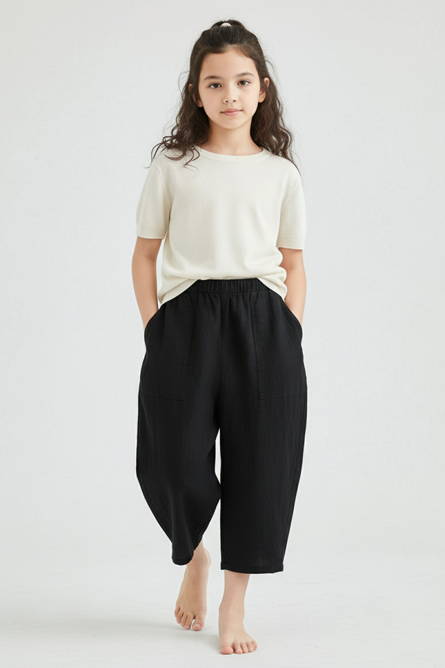 Pantalon Baggy Noir Lin Ample Enfant Décontracté