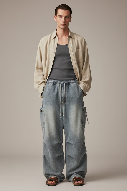 Pantalon Baggy Jean Délavé Ample Cargo Unisexe - Bleu
