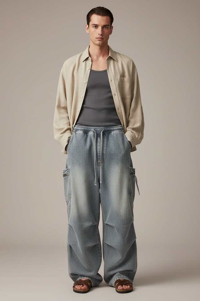 Pantalon Baggy Jean Délavé Ample Cargo Unisexe - Bleu