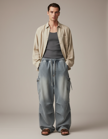 Pantalon Baggy Jean Délavé Ample Cargo Unisexe - Bleu
