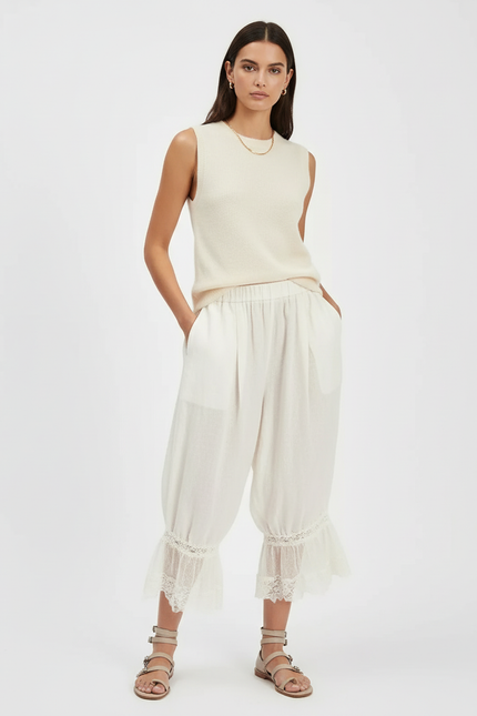 Pantalon Baggy Blanc Cassé Lin Dentelle Ample Fluide