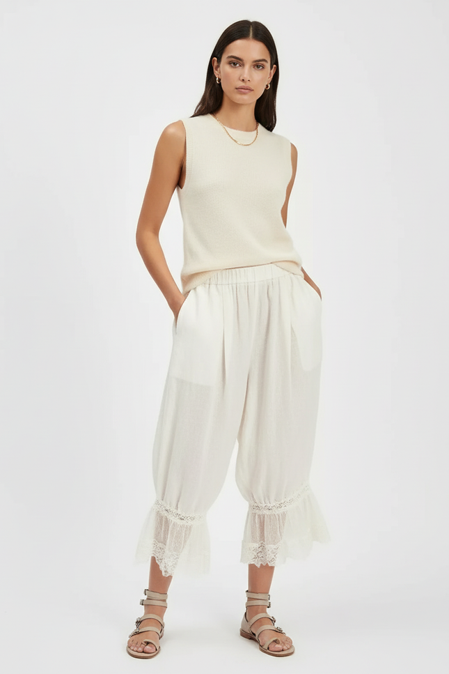 Pantalon Baggy Blanc Cassé Lin Dentelle Ample Fluide