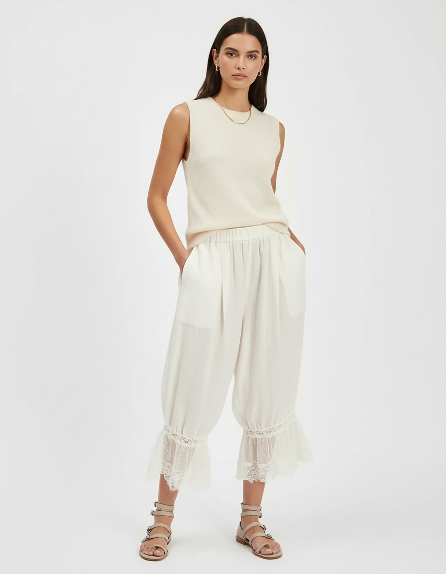 Pantalon Baggy Blanc Cassé Lin Dentelle Ample Fluide