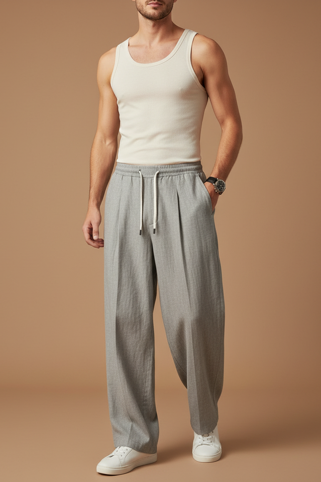 Pantalon Baggy Gris Plissé Ample Décontracté Cordon Homme - Gabardine