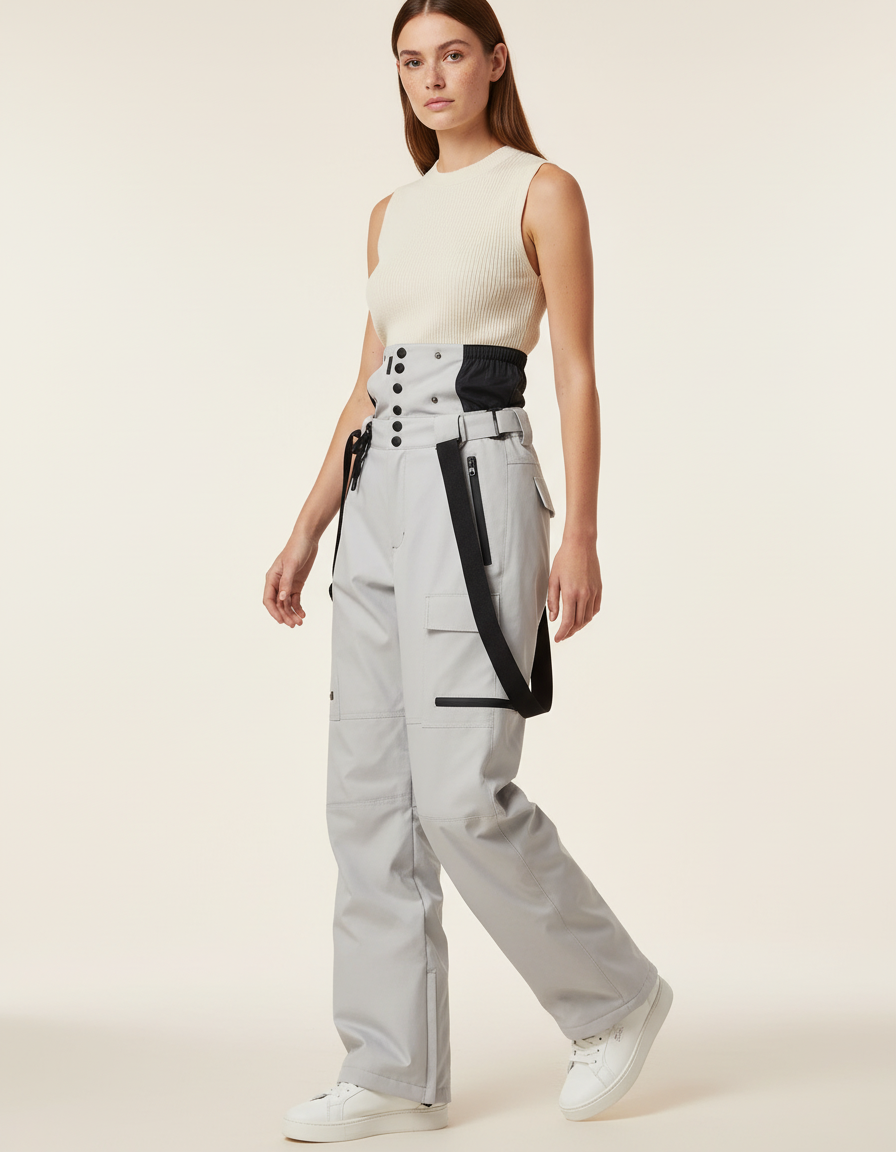 Pantalon Baggy Gris Ski Imperméable Bretelles Femme - Polyester