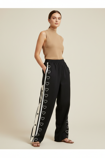 Pantalon Baggy Noir Cœurs Boutons Latéraux Sport Femme - Molleton
