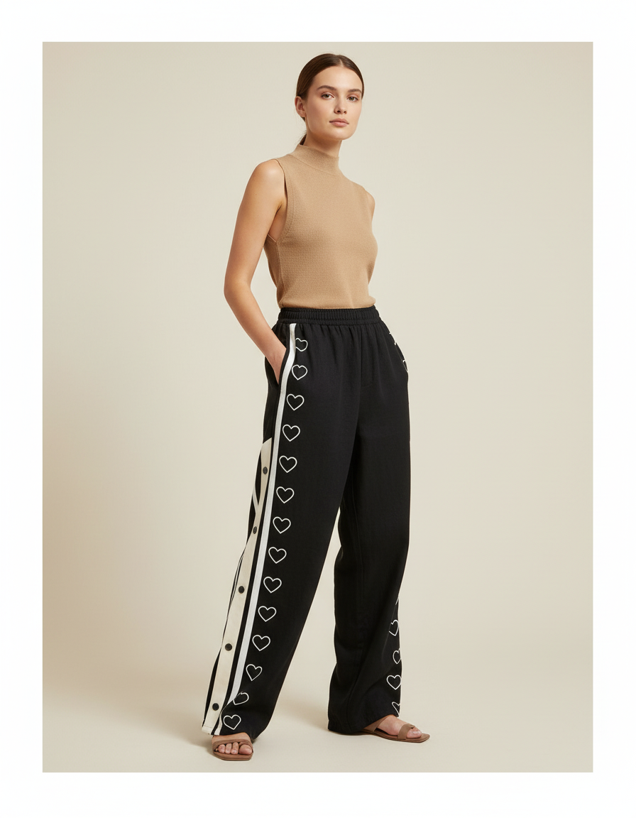 Pantalon Baggy Noir Cœurs Boutons Latéraux Sport Femme - Molleton